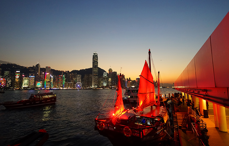 HONG KONG - JANUARY 25, 2016: The Duk Ling at Victoria Harbour. The Duk Ling, meaning "Clever Duck", is a Chinese Junk ship operating in Victoria Harbour, Hong Kong.
